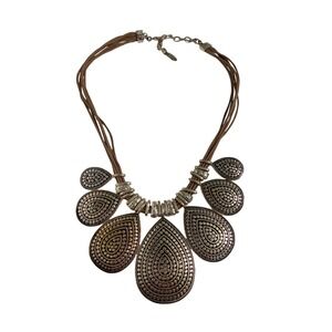 St Thomas Silver Tone Teardrop Bib Statement Necklace Multi Strand Cord Boho